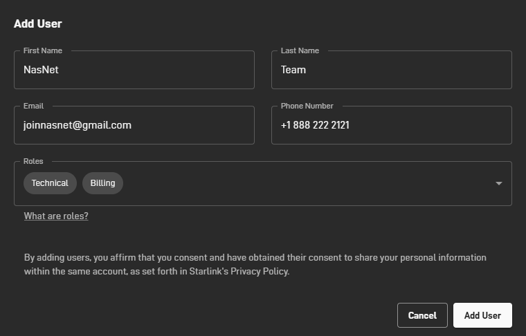 فرم Add User با فیلدهای نام، نقش، ایمیل و شماره تلفن