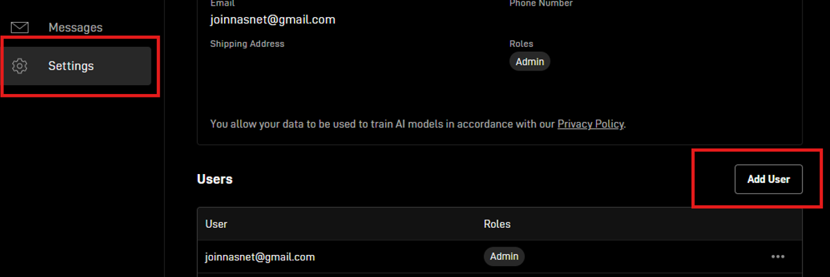 دکمهٔ Add User در بخش Users صفحهٔ Settings