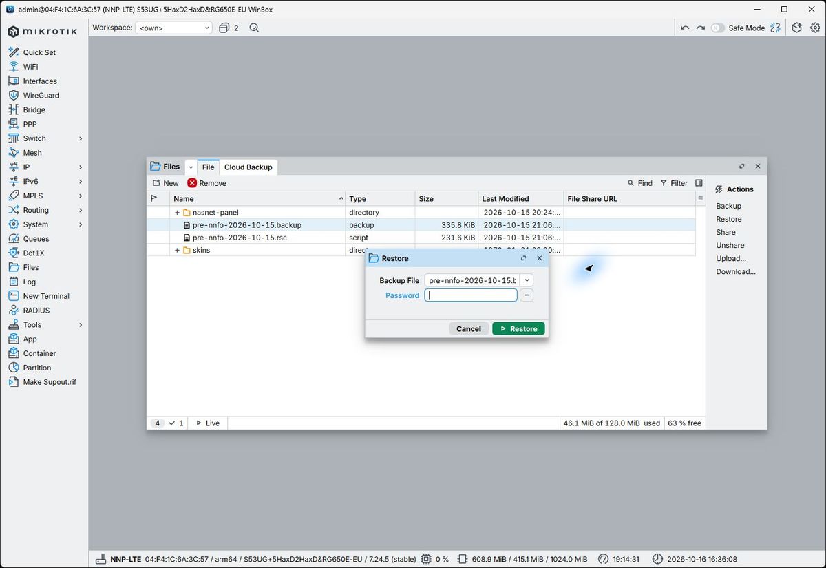 پنجره Restore و محل انتخاب فایل و وارد کردن رمز Backup