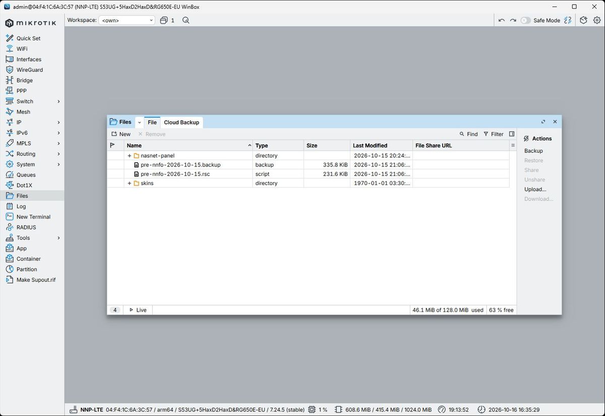 پنجره Files و محل گزینه Backup