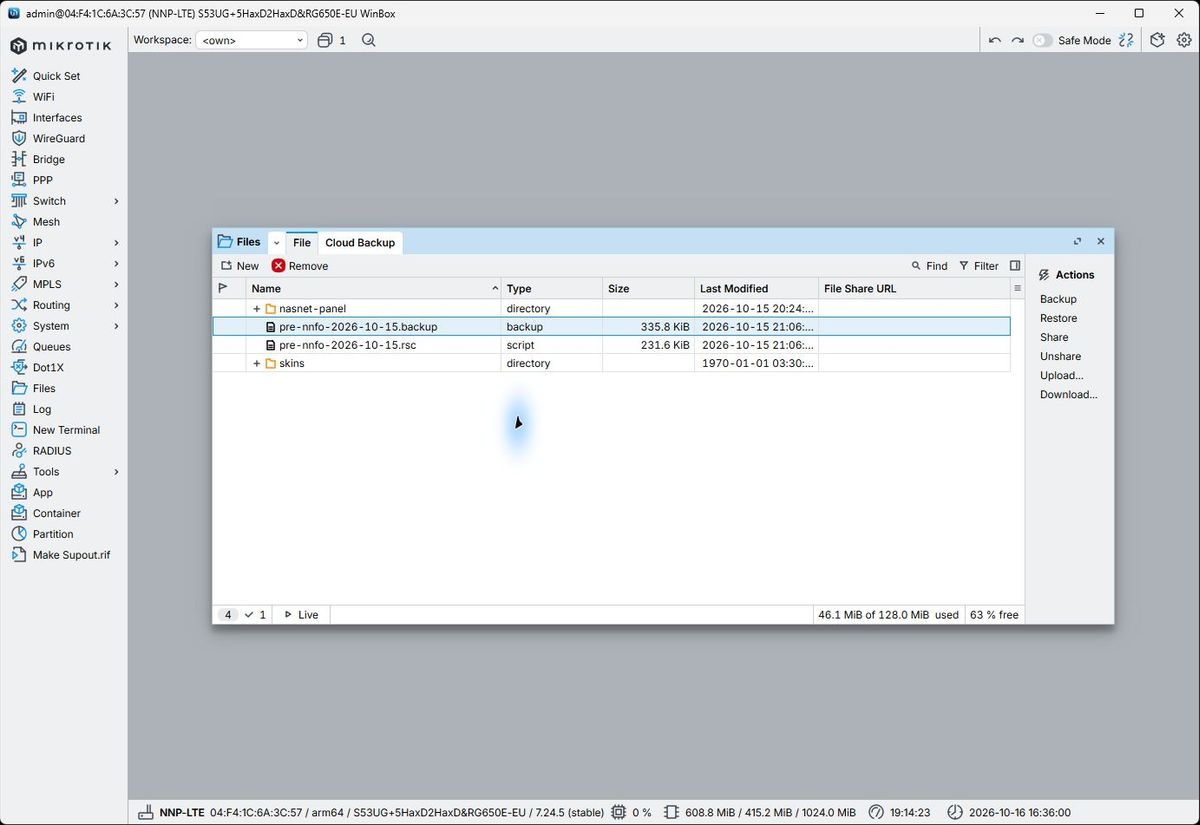 انتخاب فایل Backup و فعال شدن Download و Restore