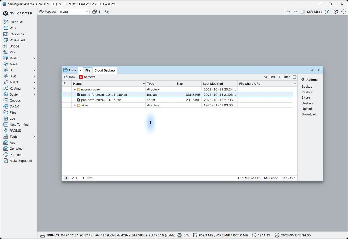 انتخاب فایل Backup و فعال شدن Download و Restore