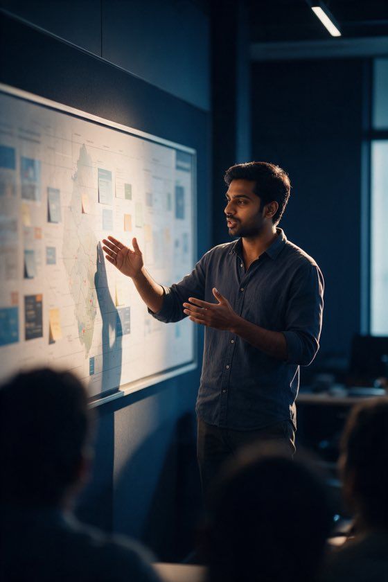 A person presenting at a wall covered in cards and notes.