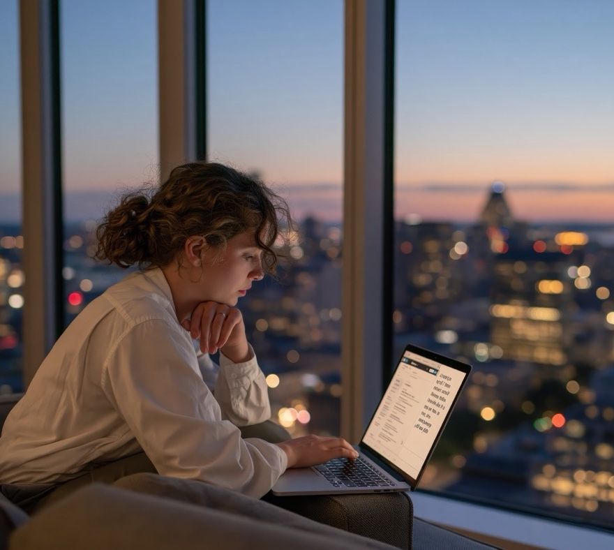 A learner working on a laptop by a window