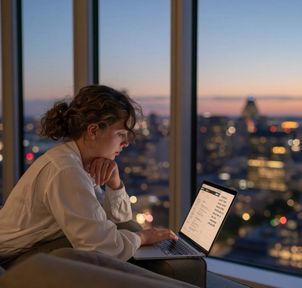A learner working on a laptop by a window