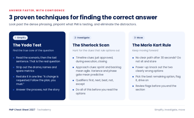 Three exam techniques: the Yoda Test to find the true core of the question, the Sherlock Scan to hunt for clues, and the Mario Kart Rule to keep moving.