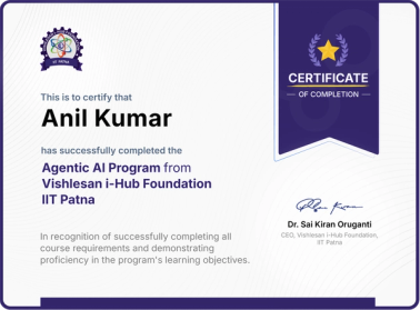 A sample certificate of completion for the Agentic AI Program from Vishlesan i-Hub Foundation, IIT Patna