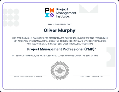 A Project Management Professional certificate issued by the Project Management Institute.