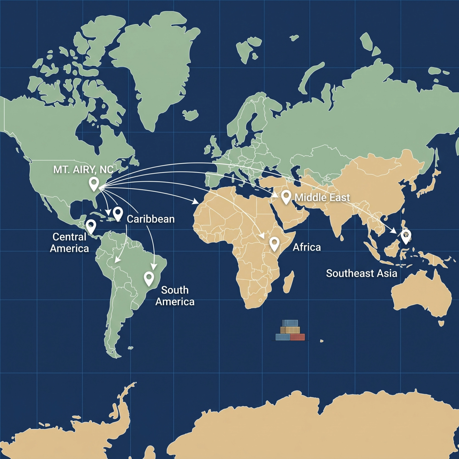 World map of regions Vast Equipment serves from Mt. Airy, NC
