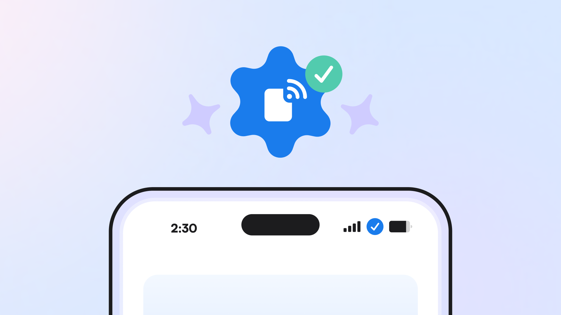 A phone outline with top service bar visible and a connected eSIM symbol beside a green check mark.