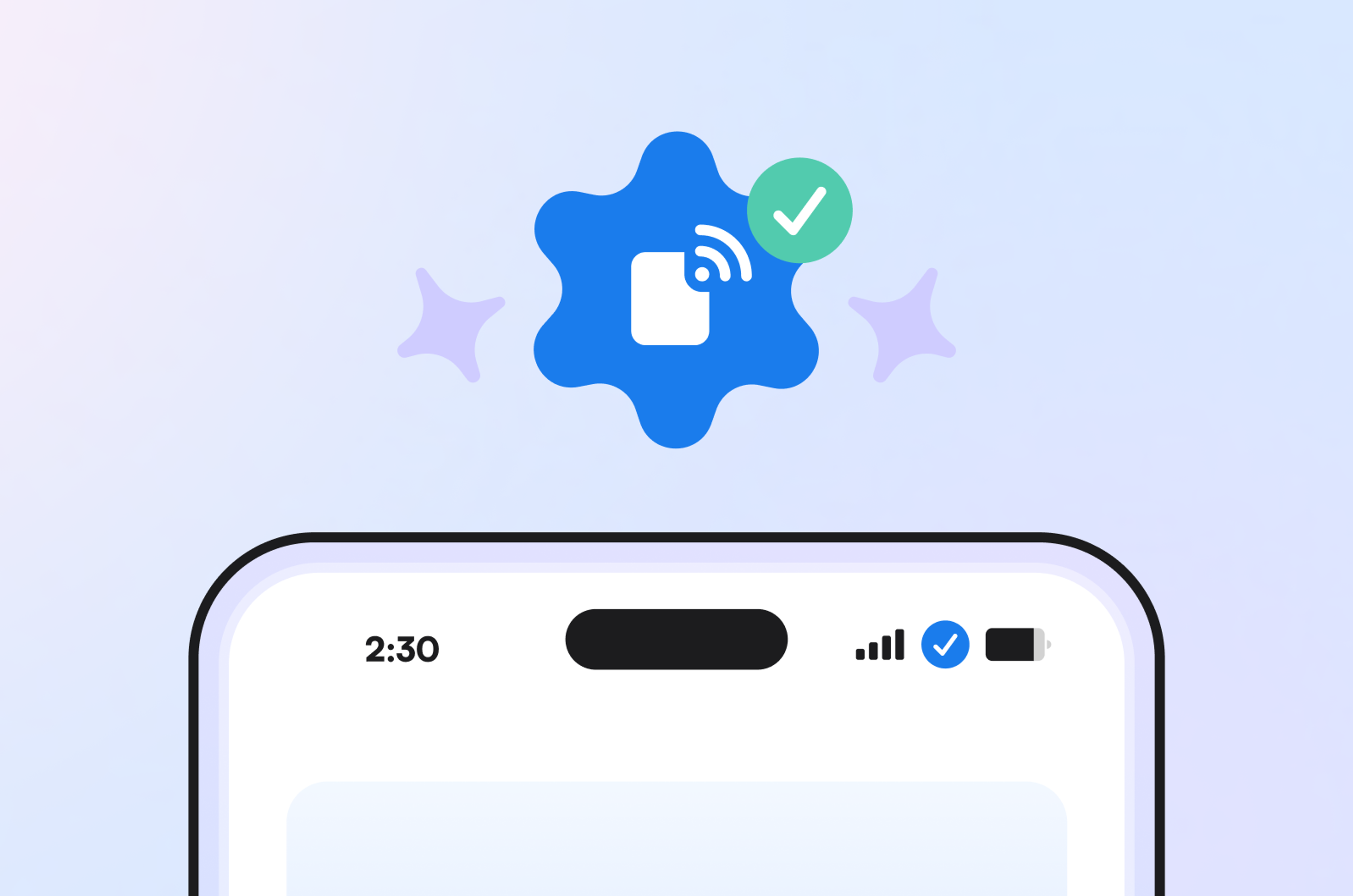A phone outline with top service bar visible and a connected eSIM symbol beside a green check mark.