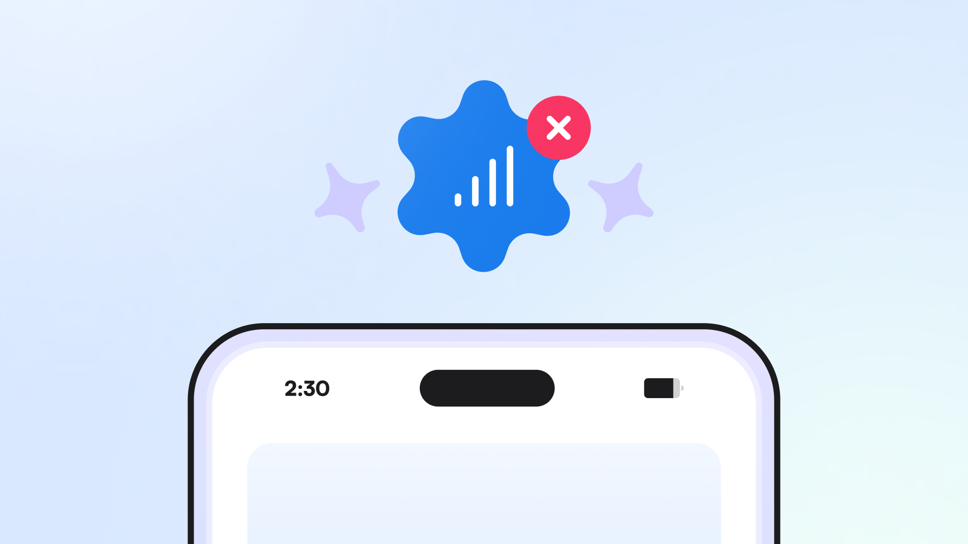 The top of a smartphone with the symbol for bars above with an x. 