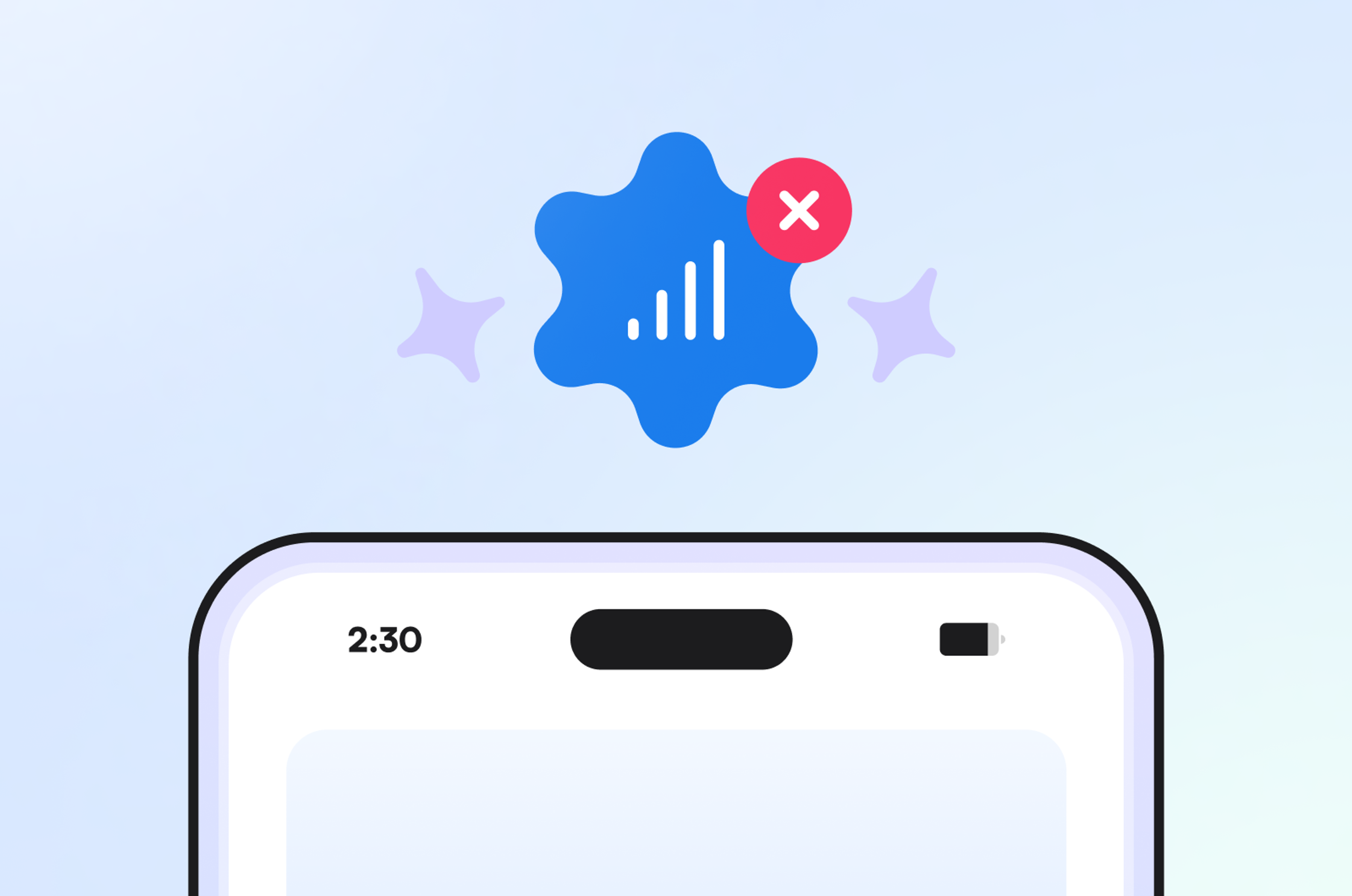 The top of a smartphone with the symbol for bars above with an x.