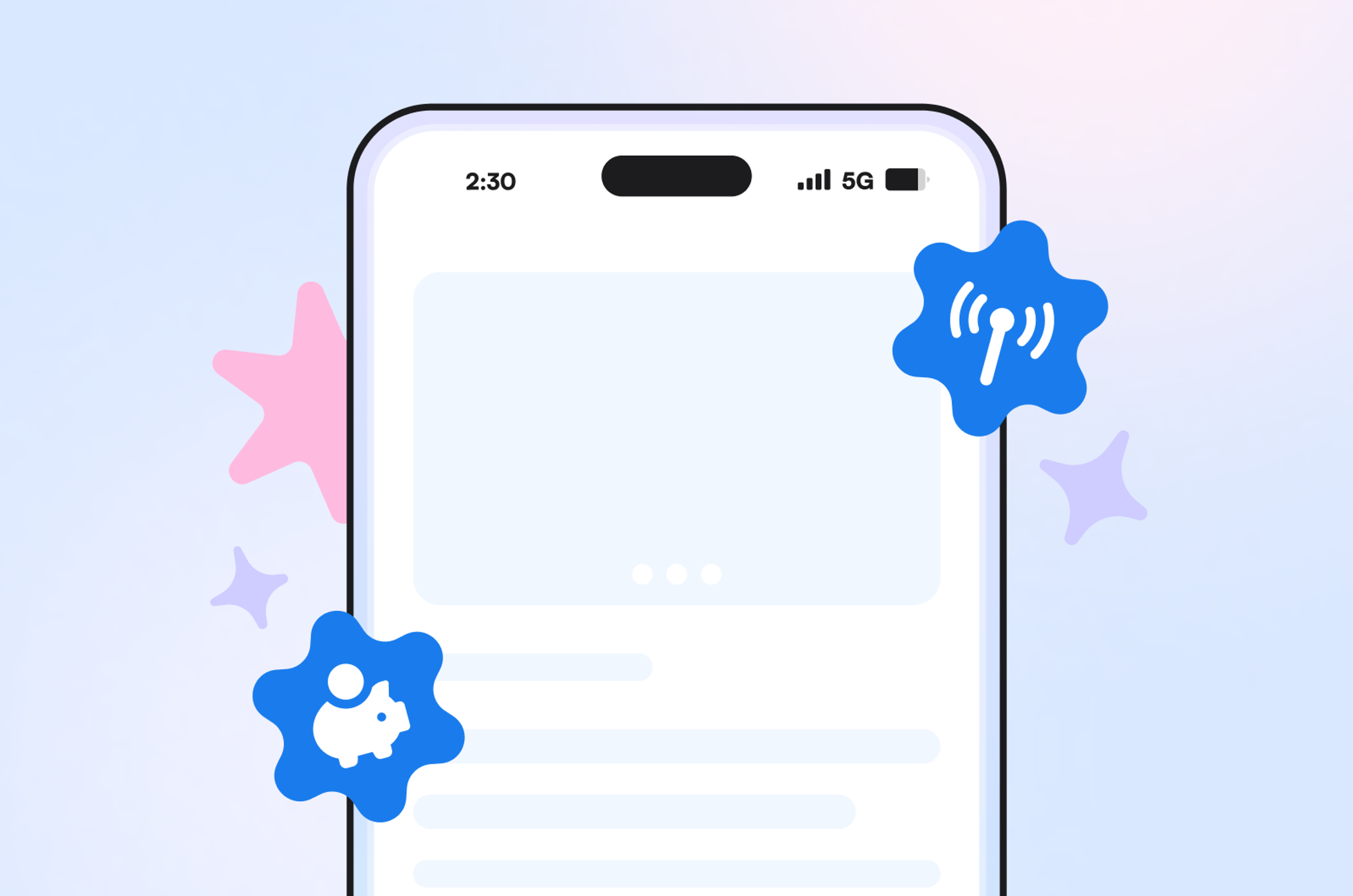 A smartphone outlined on a white background with time, bars, 5G, and battery life at the top.