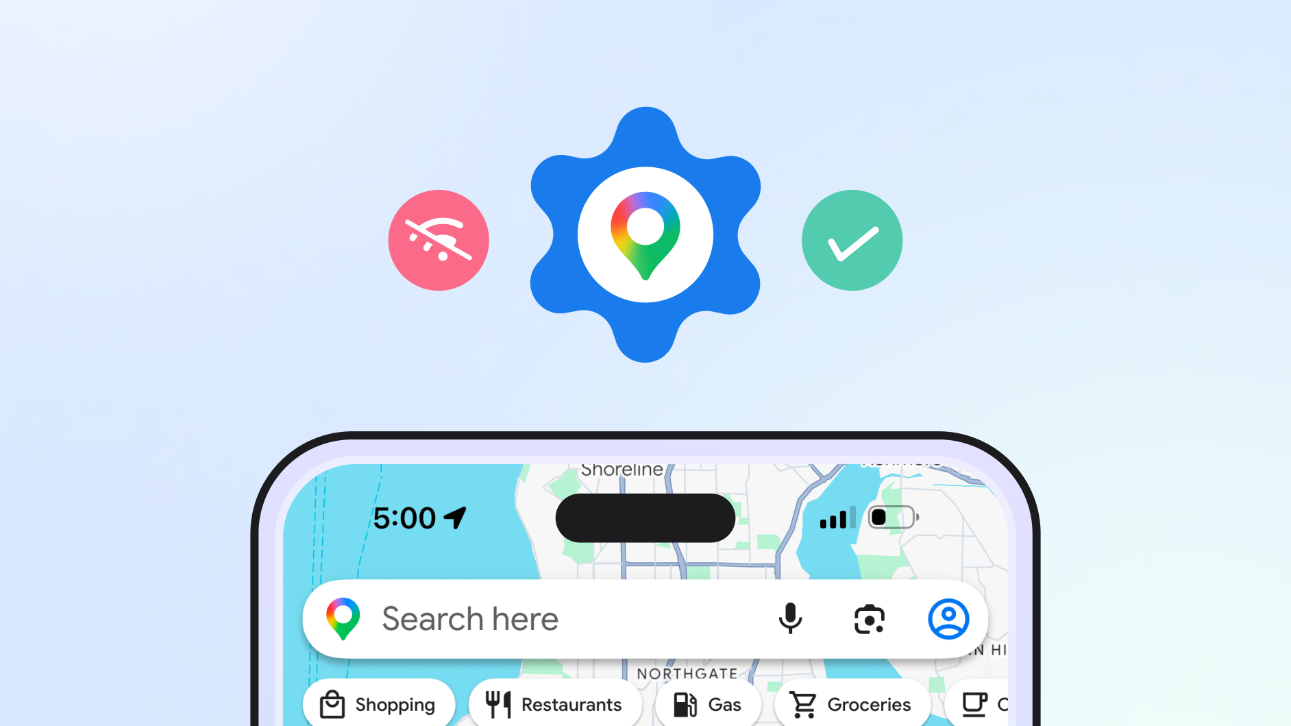 The top of a phone with Google maps open is pictured with three symbols above. Symbols include the no wifi, map pin, and check mark.