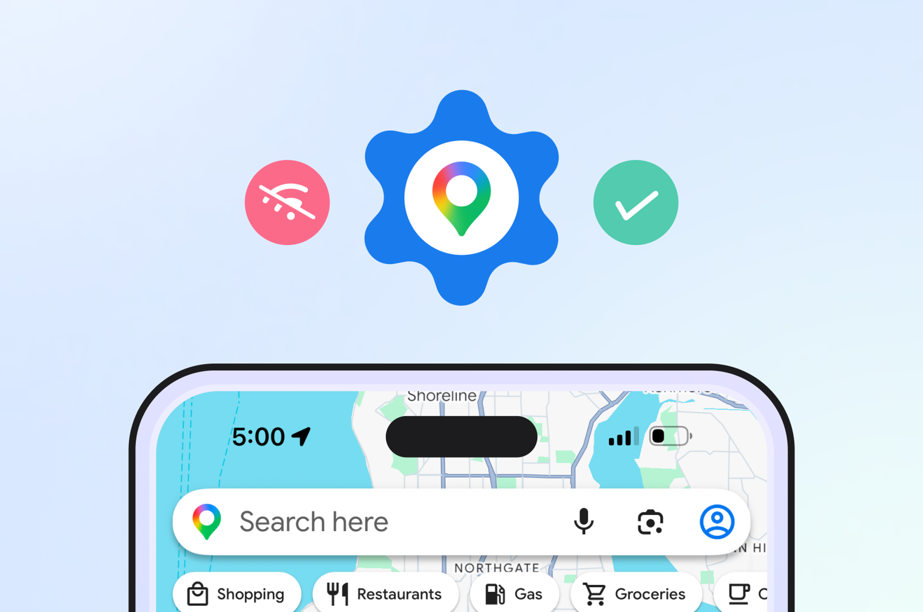 The top of a phone with Google maps open is pictured with three symbols above. Symbols include the no wifi, map pin, and check mark.