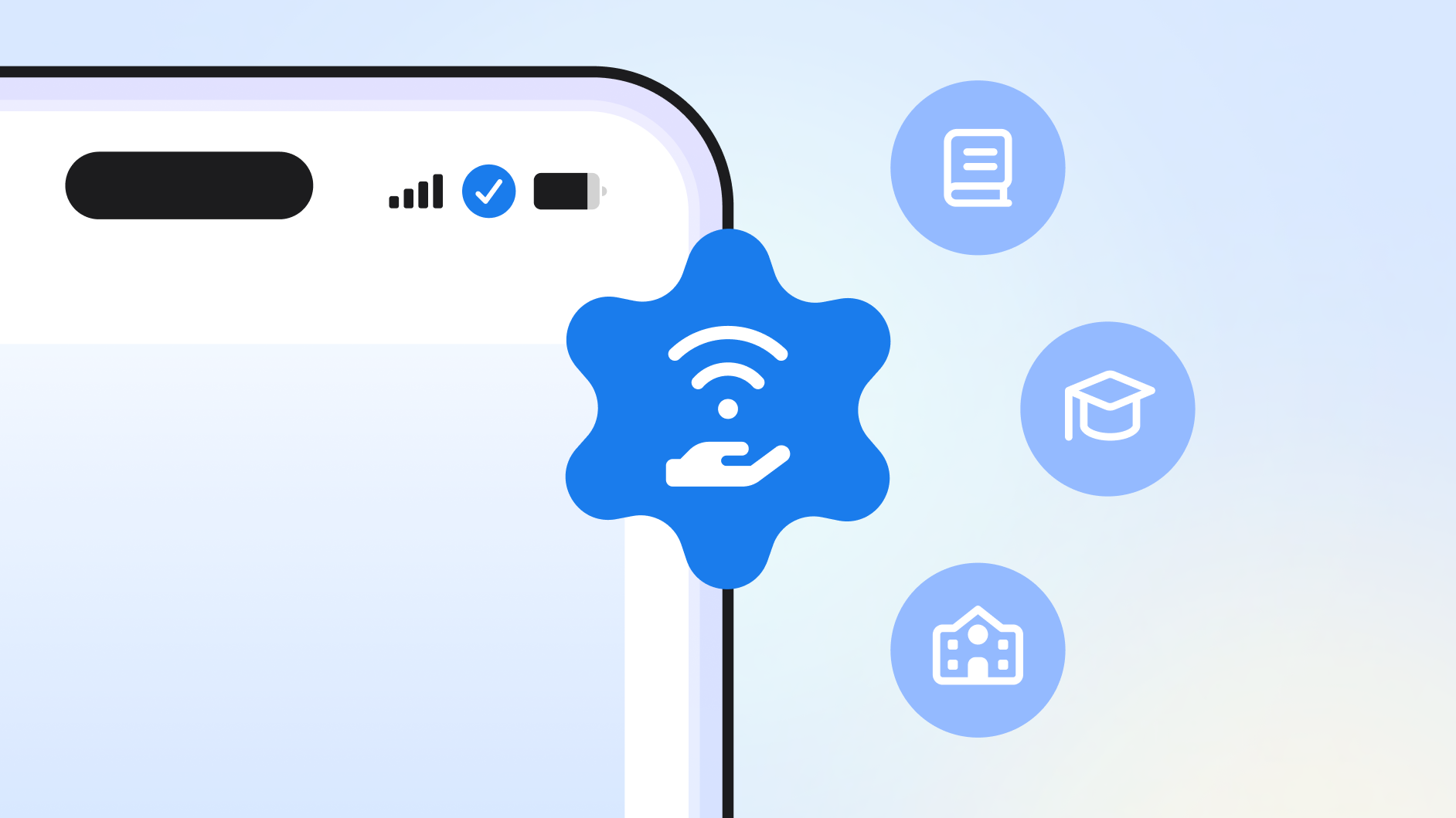 The corner of a phone is pictured with four symbols including a wifi, book, graduation hat, and school symbol