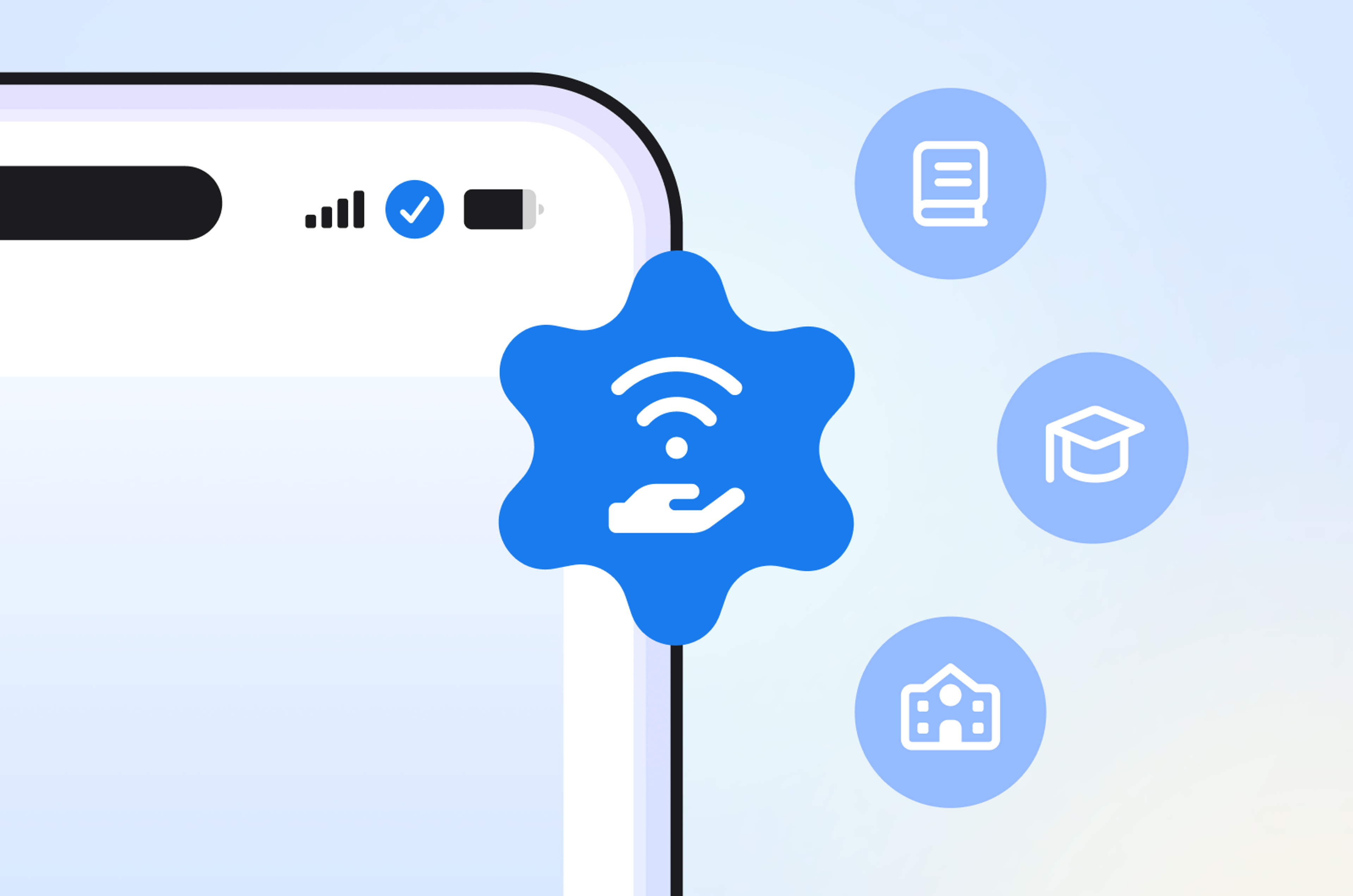 The corner of a phone is pictured with four symbols including a wifi, book, graduation hat, and school symbol