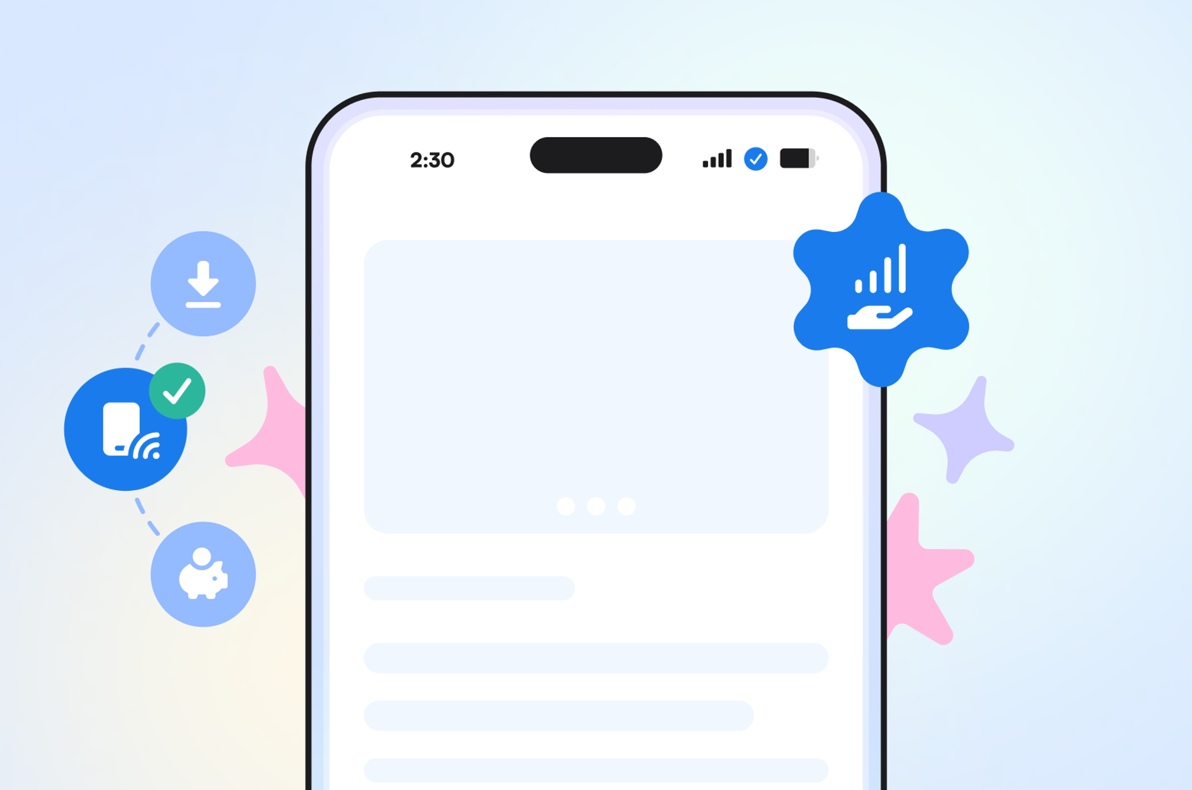 A smartphone outline with four symbols: a download, eSIM, piggy bank, and bars signal.