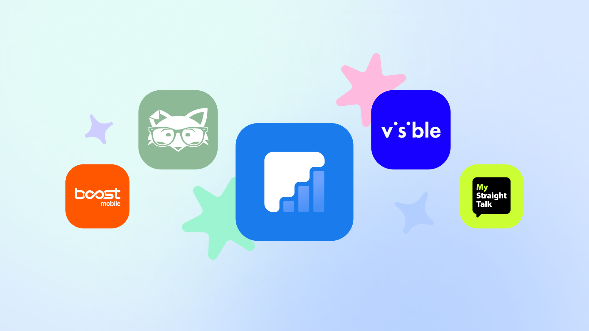 Five mobile data logos with the Kite logo in the center