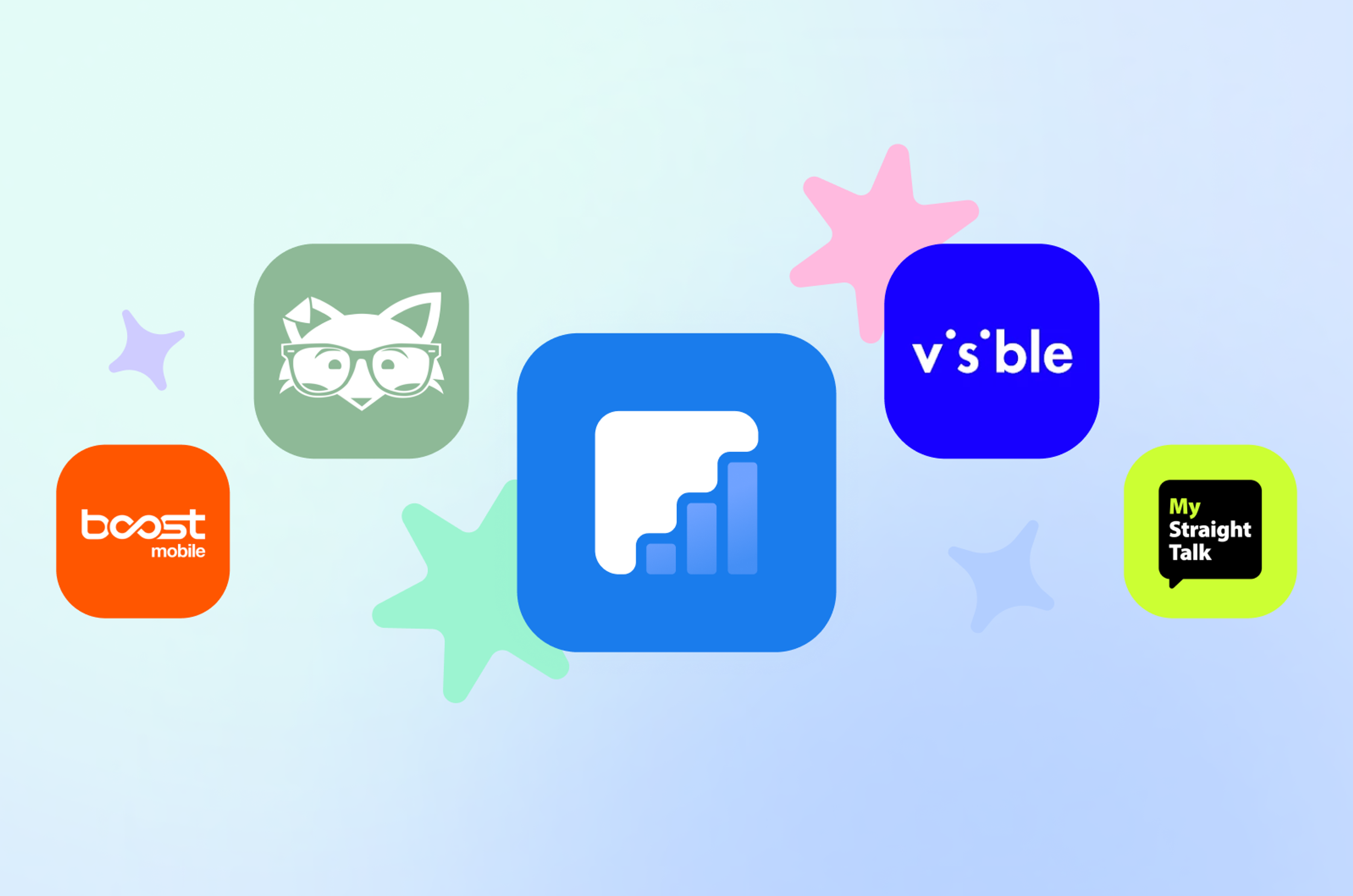 Five mobile data logos with the Kite logo in the center