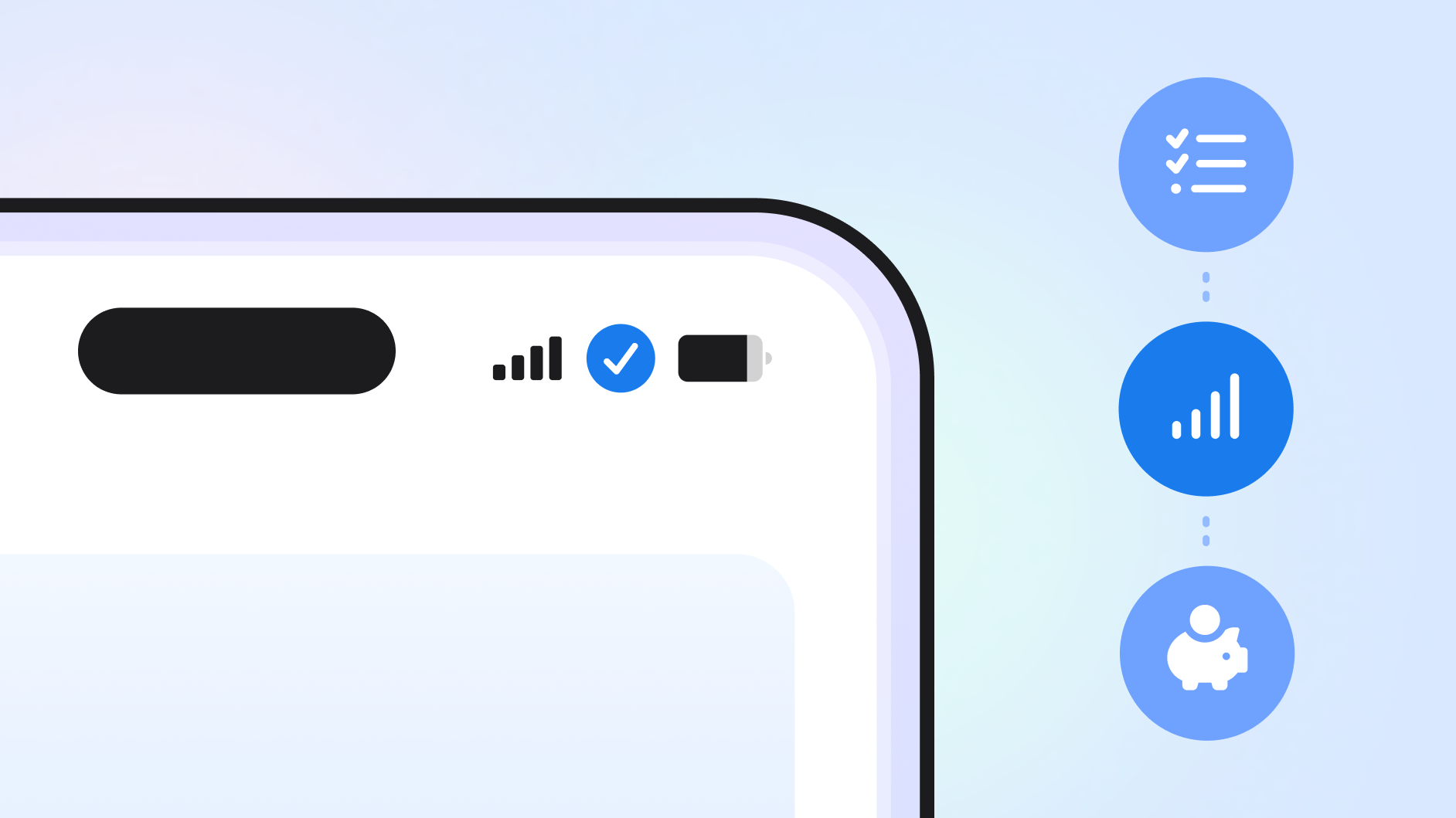 The top right corner of a smartphone with three symbols beside it. A checklist, bars, and piggybank symbol.