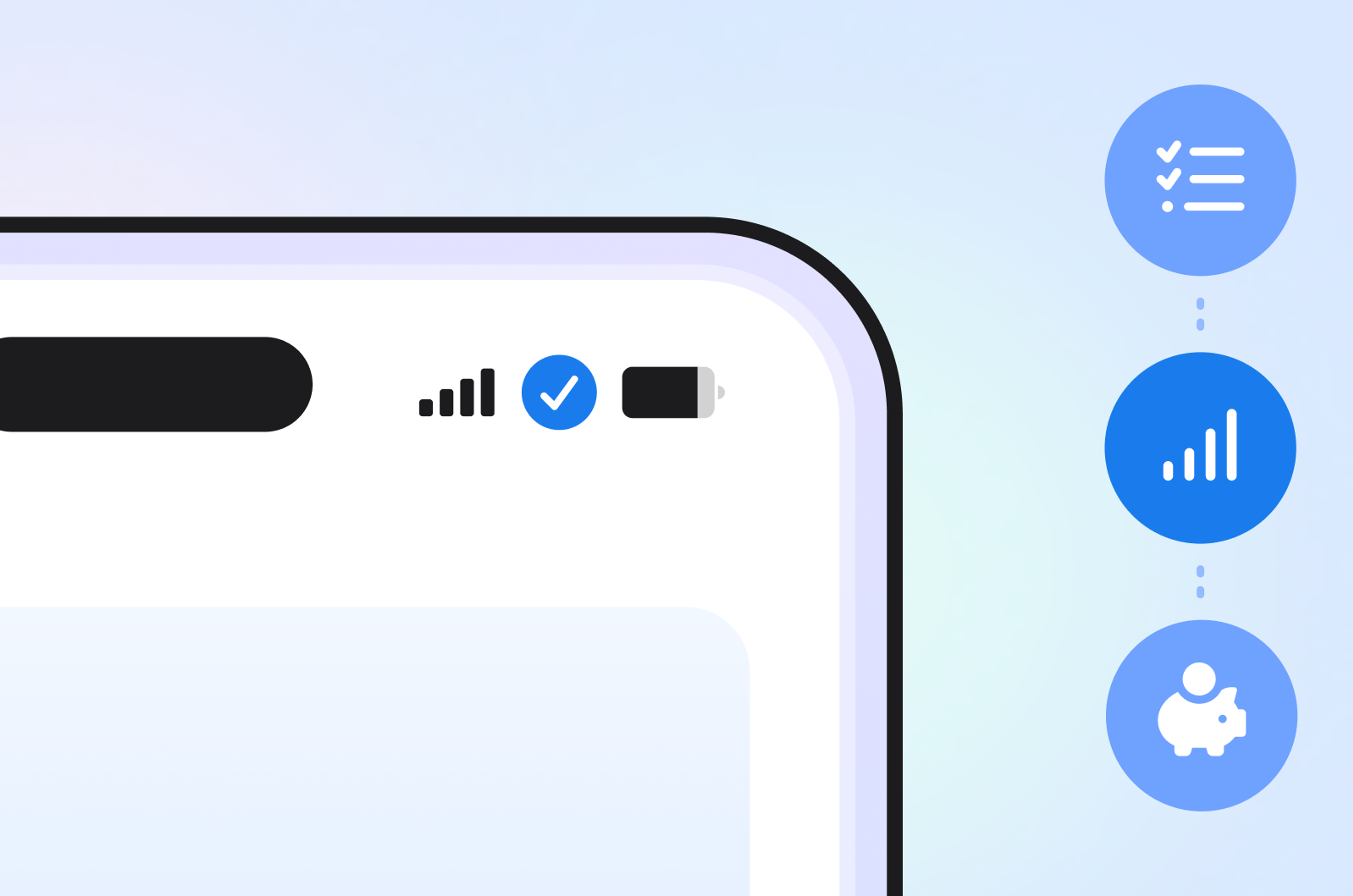 The top right corner of a smartphone with three symbols beside it. A checklist, bars, and piggybank symbol.