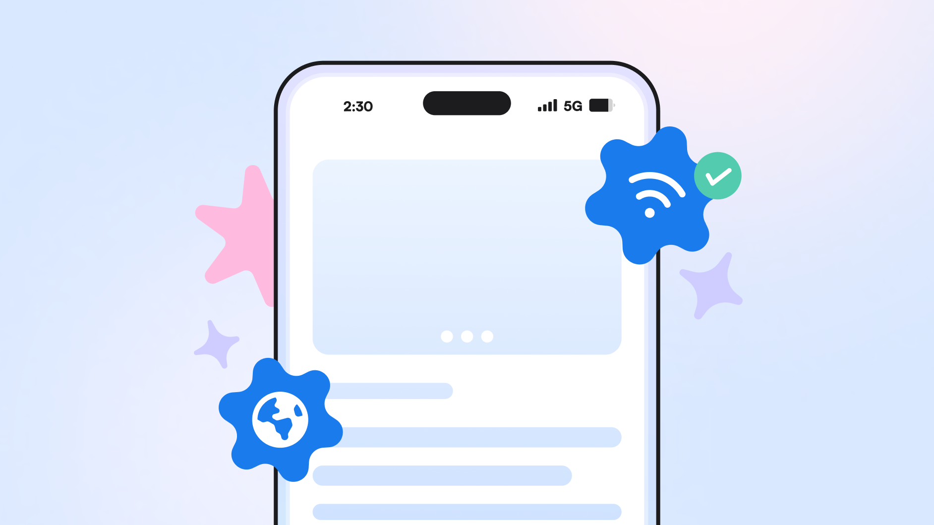A phone outline with a globe symbol and a wifi symbol with a check mark.
