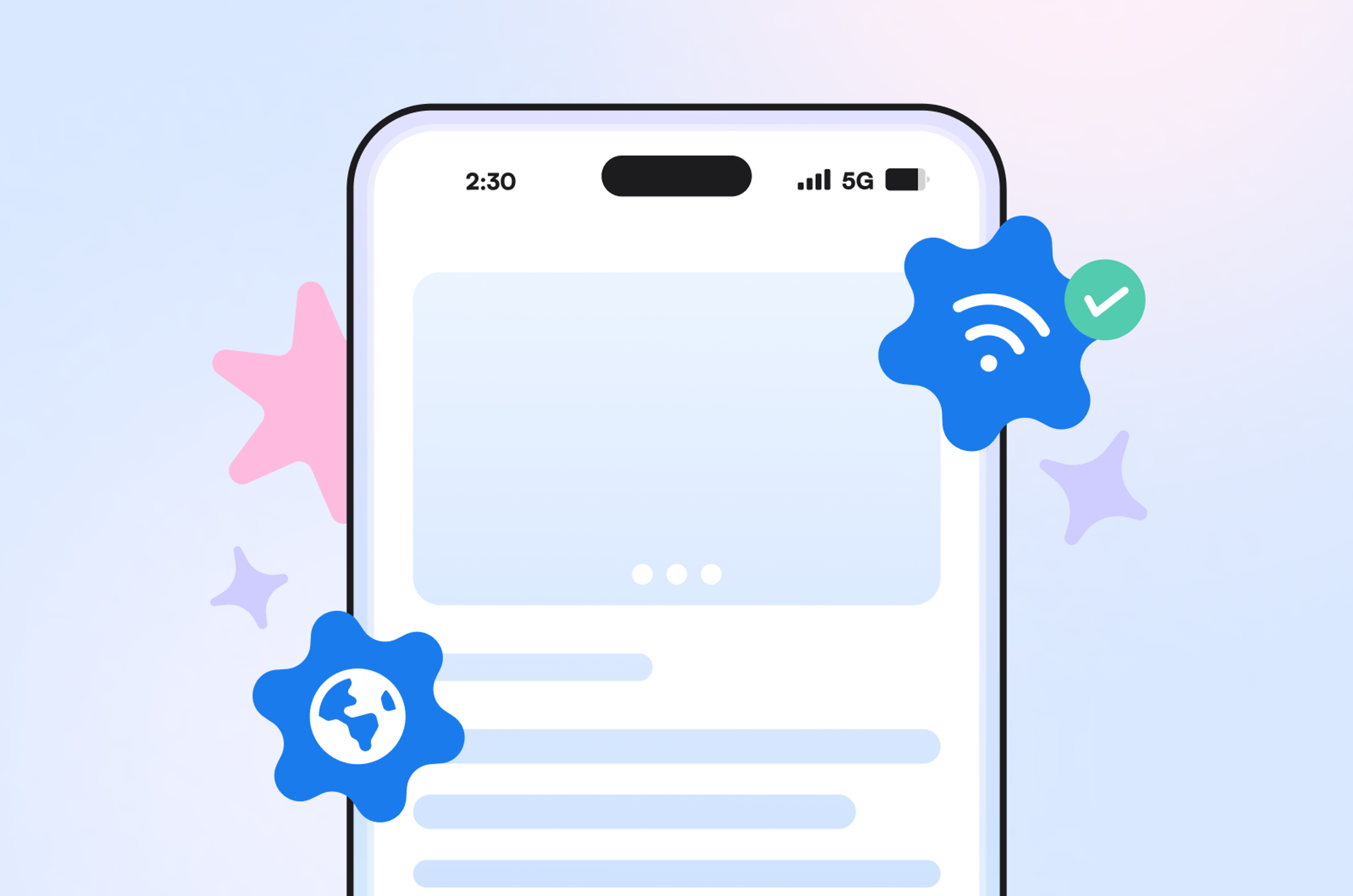 A phone outline with a globe symbol and a wifi symbol with a check mark.