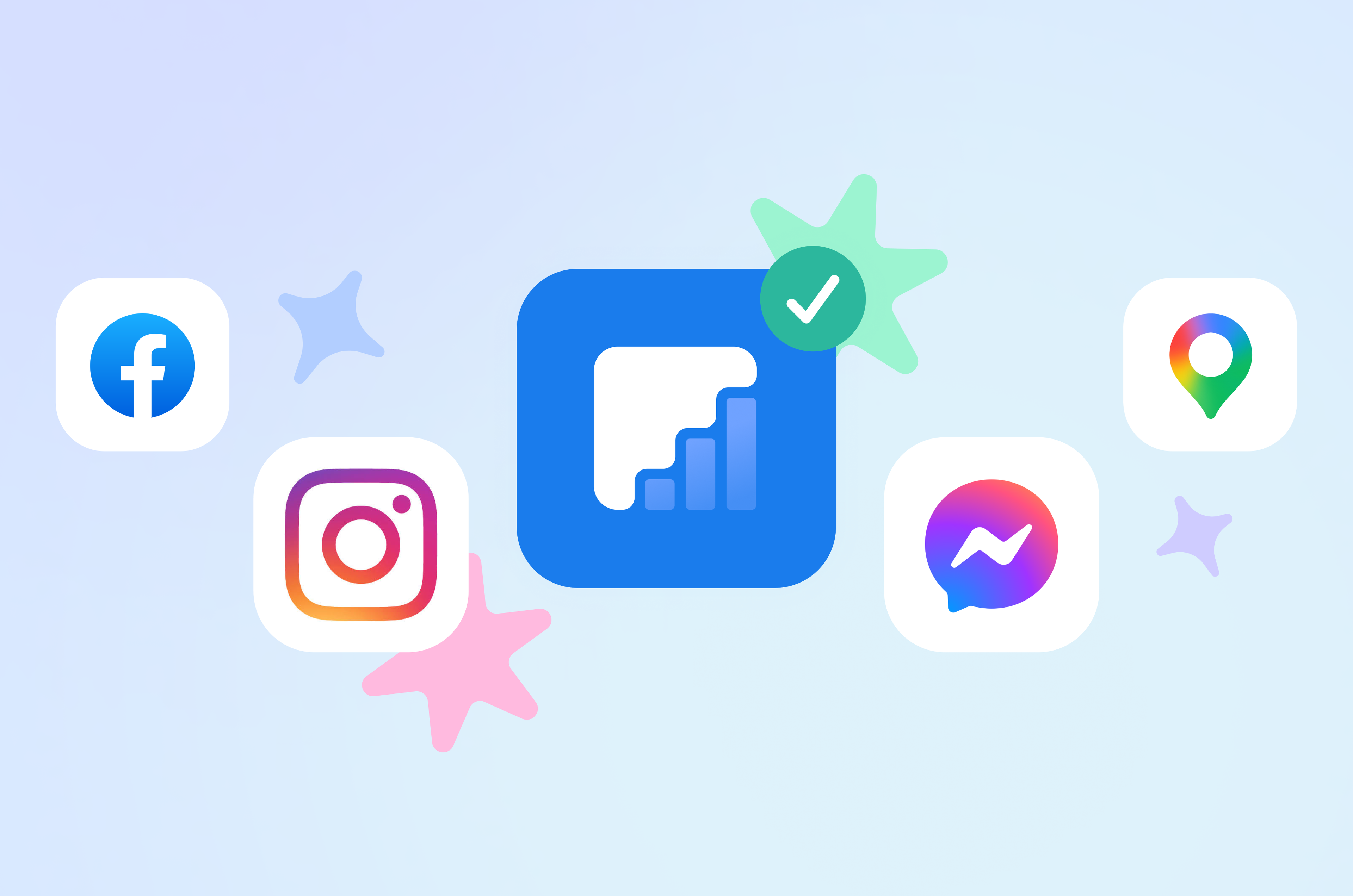 App logos for Facebook, Instagram, Messenger, Google Maps, and Kite