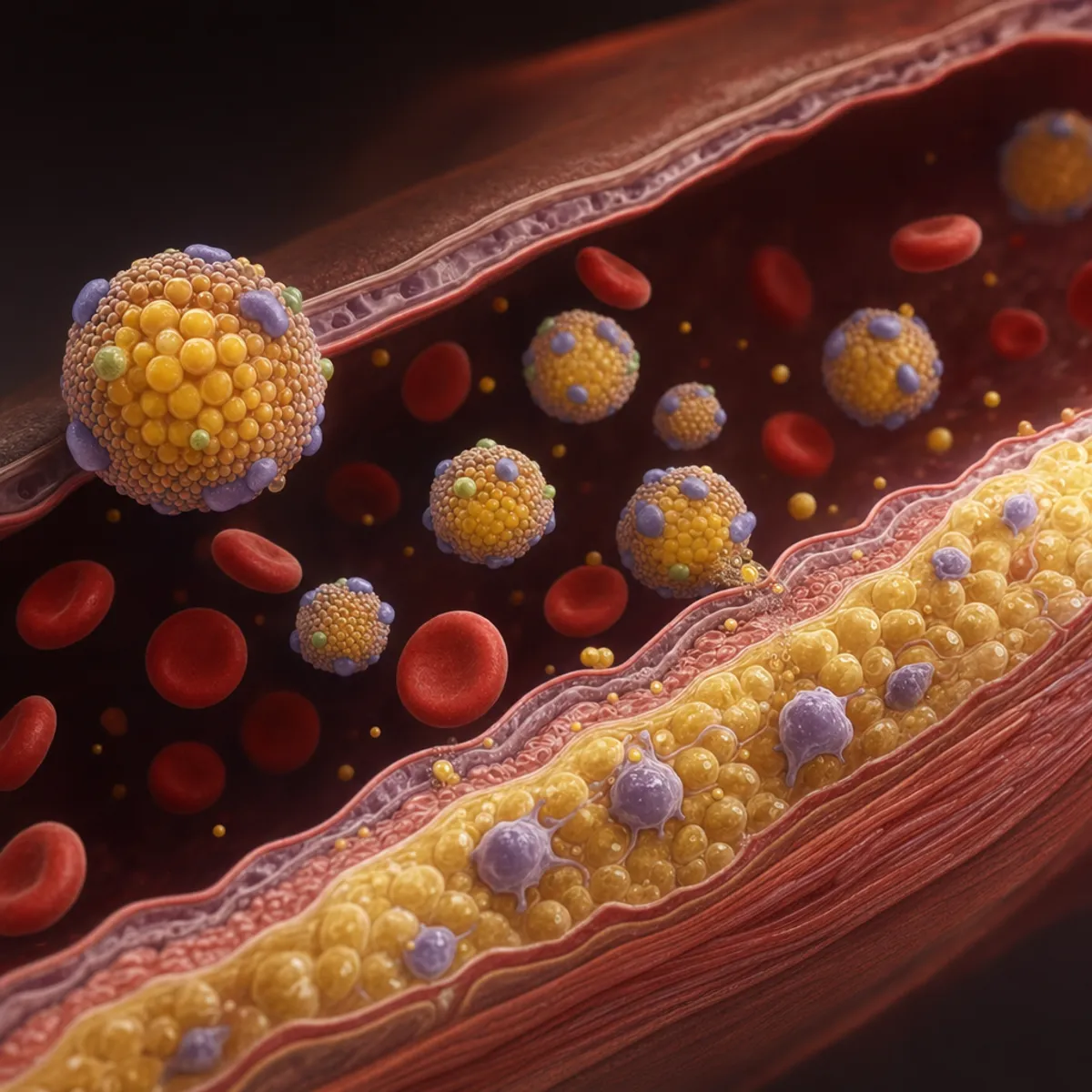 Medical illustration showing atherogenic lipid particles flowing through a blood vessel, with detailed visualization of LDL particles, VLDL particles, and apolipoprotein B molecules attached to each particle. Cross-section view of an artery wall with particles interacting with the arterial surface. Scientific, clean aesthetic with accurate biological detail. No text or labels.