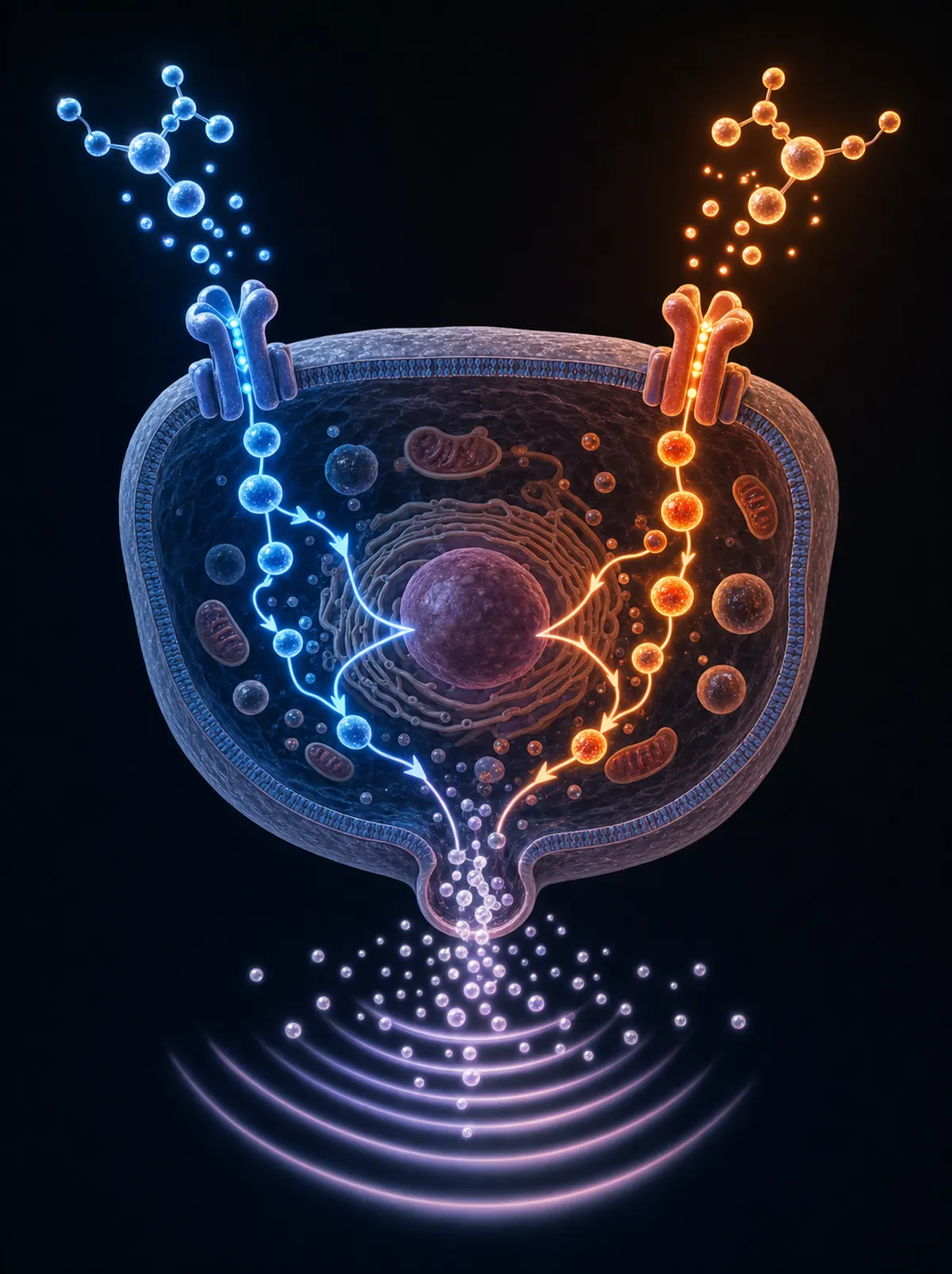 A detailed scientific illustration of two distinct molecular signaling pathways converging on a pituitary gland cell. On the left, a cAMP-dependent cascade activates one receptor type on the cell surface, shown with glowing blue signal molecules. On the right, a calcium-dependent pathway activates a separate receptor, shown with warm orange signal molecules. Both pathways feed into the same pituitary cell, which emits pulses of growth hormone depicted as bright radiant waves emanating outward. The cell is rendered in a cross-section style with visible organelles. Dark background with a clean biomedical illustration aesthetic. No text, no labels, no words, no letters.