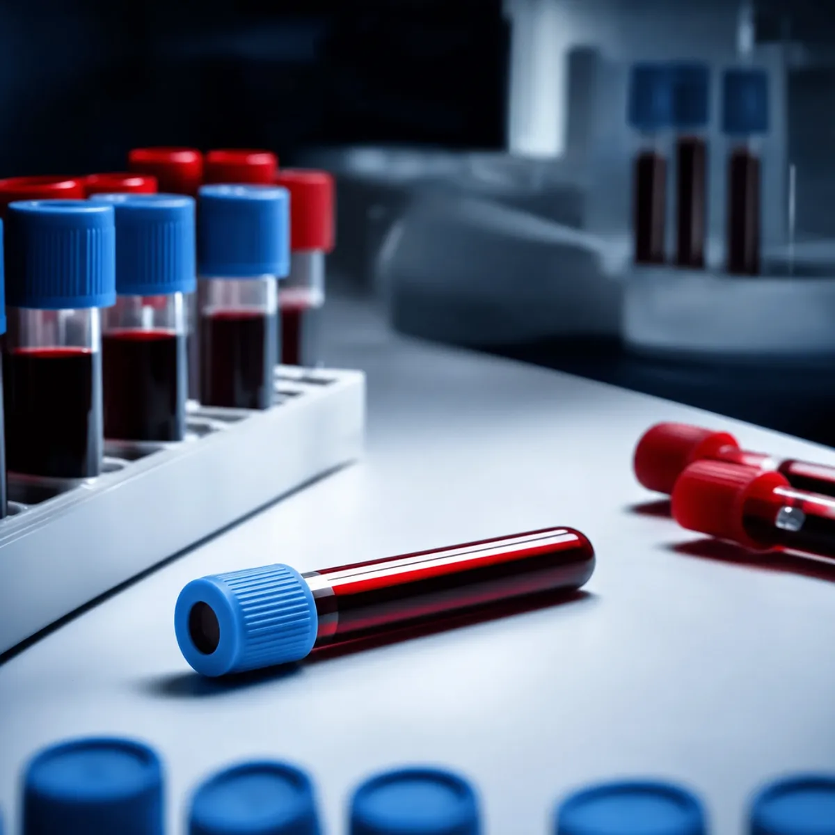 Modern medical laboratory blood test vials on sterile white surface, testosterone hormone test tubes with colored caps, clinical pathology setting, clean professional healthcare aesthetic, soft directional lighting, shallow depth of field, high-detail medical photography, blue and red specimen tubes arranged in organized pattern