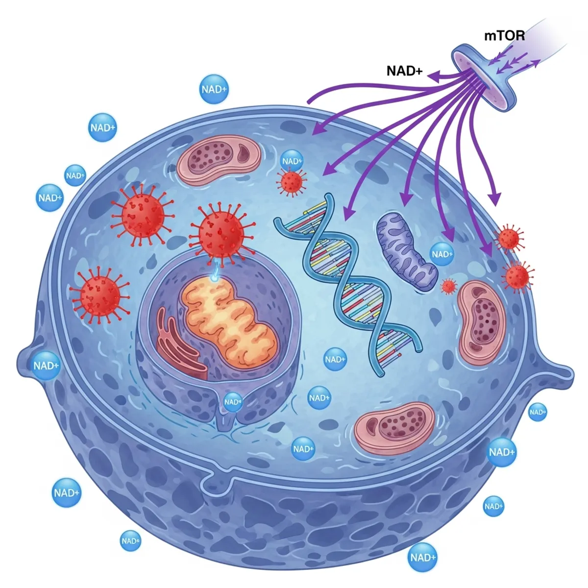 Scientific illustration of cellular aging mechanisms: mitochondria with declining function, DNA strands with telomeres shortening, cellular senescence with damaged cells, NAD+ molecules, inflammation markers, and mTOR pathway signaling. Modern medical diagram style with blues, purples, and cellular structures in cross-section view. Clean, educational, research-focused aesthetic.