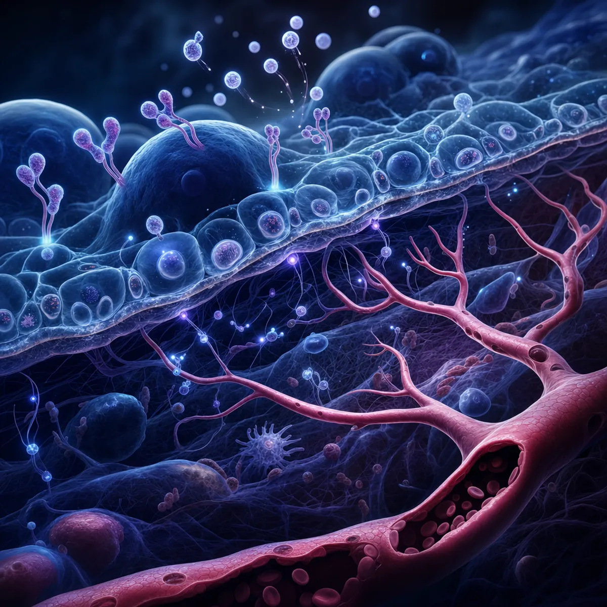 Scientific illustration of cellular repair mechanisms showing blood vessel formation and cell signaling pathways, with vascular endothelial growth factor receptors on cell surfaces, nitric oxide molecules, and new capillary growth in connective tissue, detailed biological diagram style with blue and purple color scheme