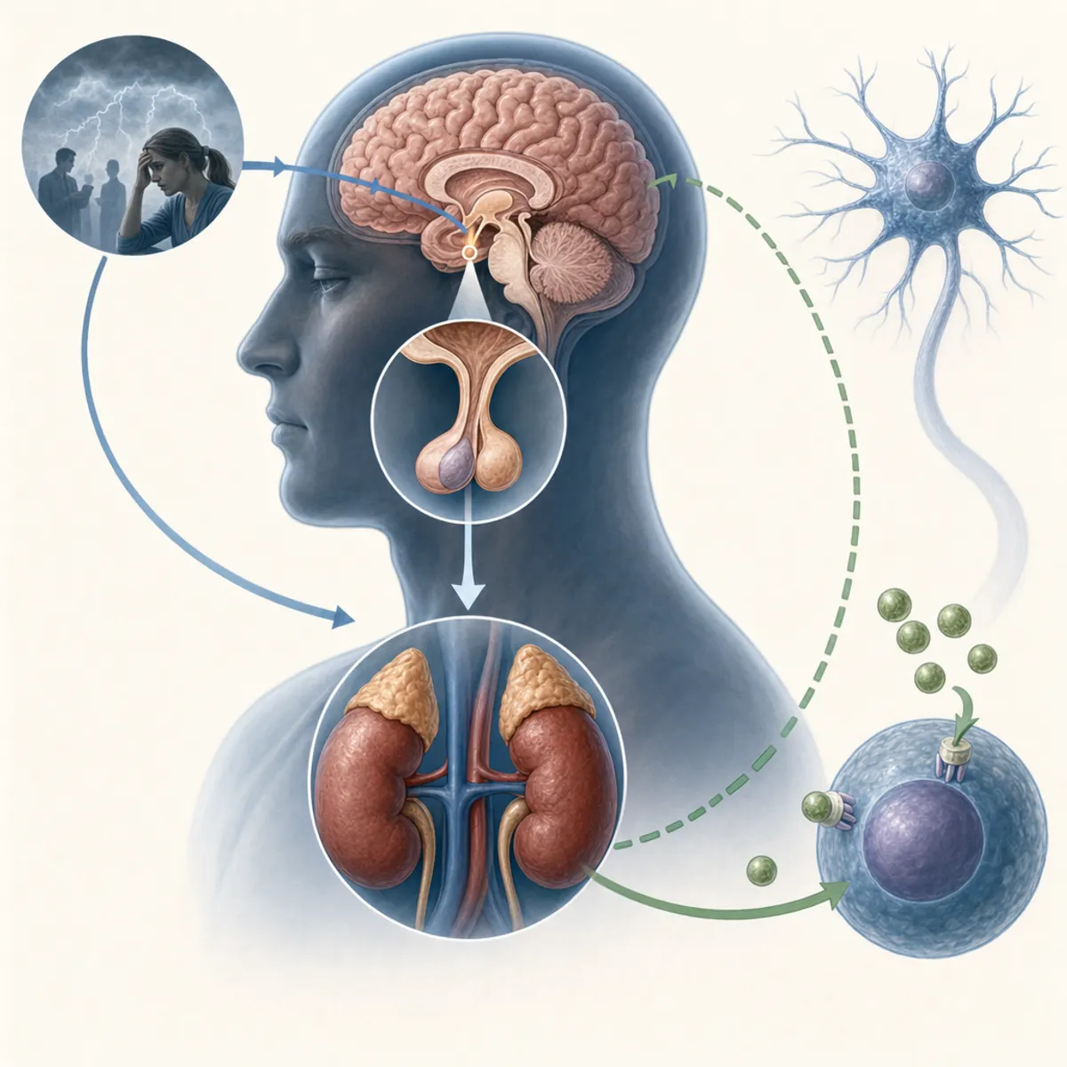 Scientific illustration of the hypothalamic-pituitary-adrenal (HPA) axis showing the brain's hypothalamus, pituitary gland, and adrenal glands with cortisol hormone pathways, clean medical diagram style with muted blues and greens, anatomical accuracy, showing stress response pathway modulation