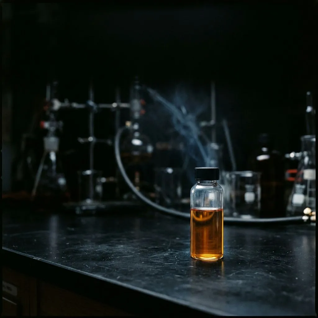 Laboratory glassware on a matte black bench, lit by a single cool-white rim light