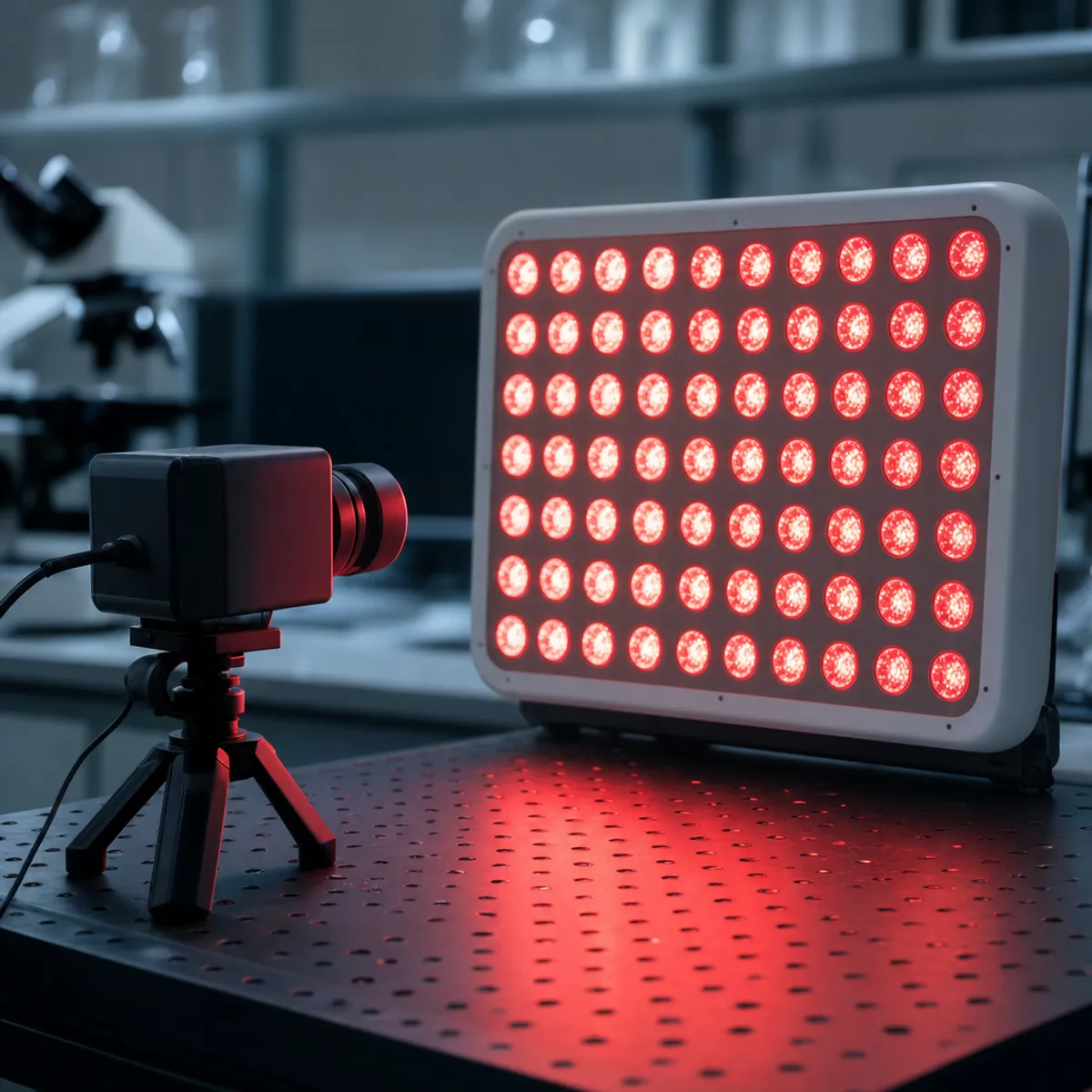 Professional laboratory setting with red light therapy panel device being tested with scientific measurement equipment, spectroradiometer or light meter positioned in front of LED panel array showing red and near-infrared lights, clean clinical environment, technical measurement setup, photographic style