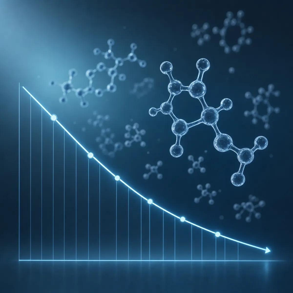 Abstract scientific visualization of hormone decline over time, downward trending graph with molecular structures, clinical laboratory aesthetic, blue gradient background, modern medical research style, 3D rendered molecules floating above declining curve