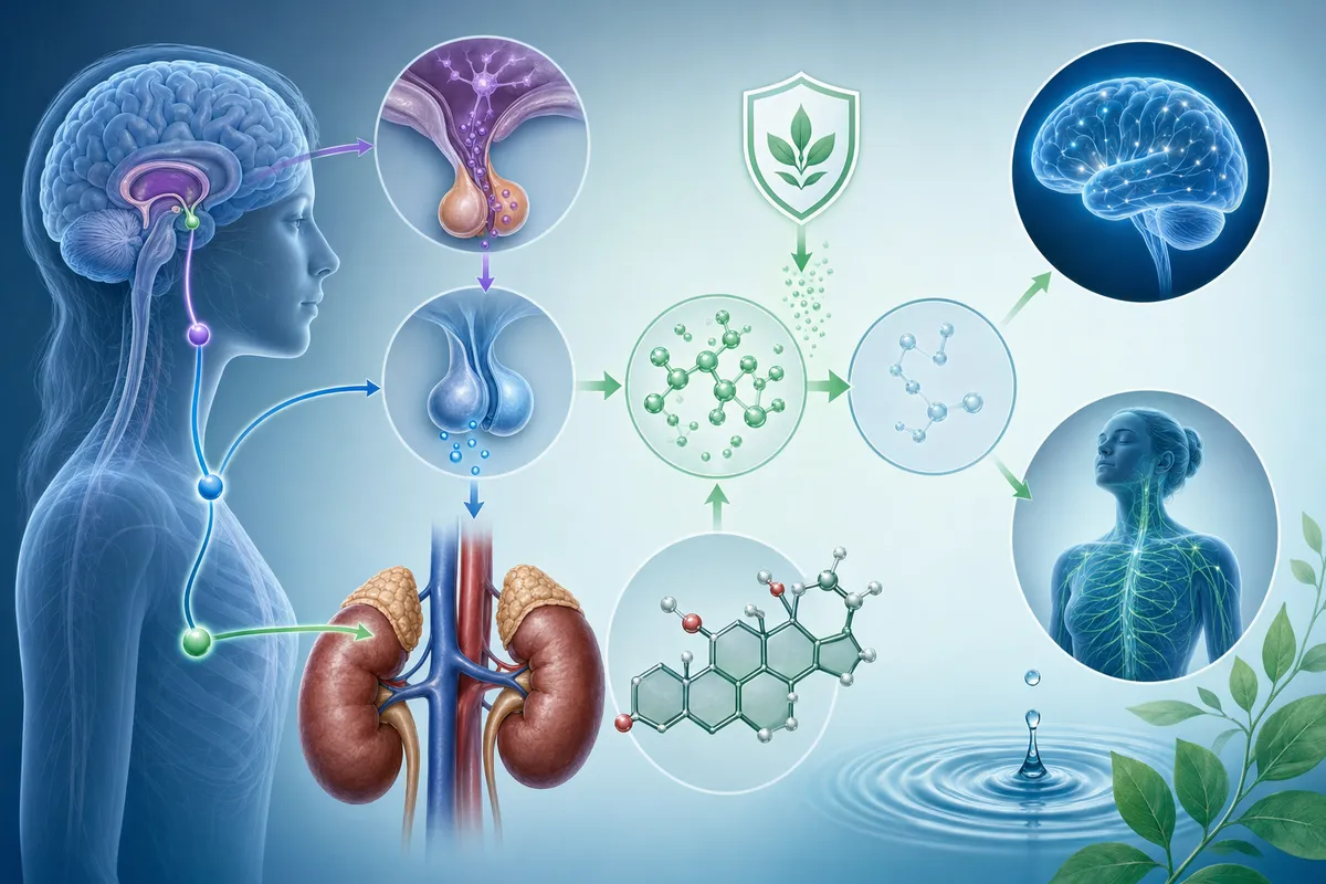 Scientific illustration showing the stress response pathway with cortisol reduction, featuring adrenal glands, stress hormones being suppressed, and a calming effect on the nervous system. Clean medical diagram style with anatomical accuracy, showing the HPA axis and cortisol molecule structure, cool blue and green color palette suggesting calm and balance