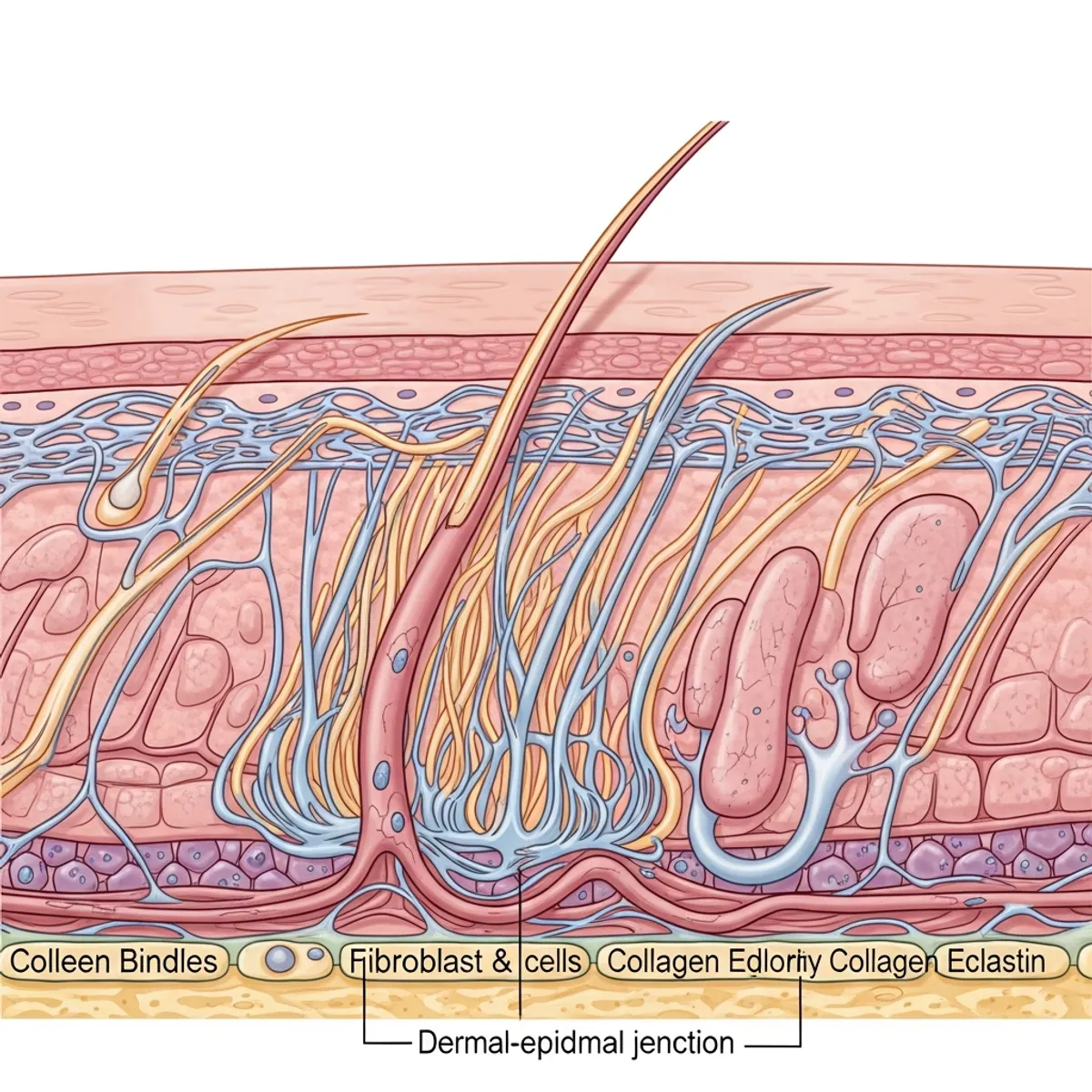 Scientific cross-section illustration of human skin layers showing the dermis with dense collagen fibers and elastin networks. Show detailed collagen bundles in organized patterns, fibroblast cells actively producing collagen, and the dermal-epidermal junction. Medical textbook style illustration with accurate anatomical detail, clean lines, showing healthy skin tissue structure with visible extracellular matrix components. No text, labels, or annotations.