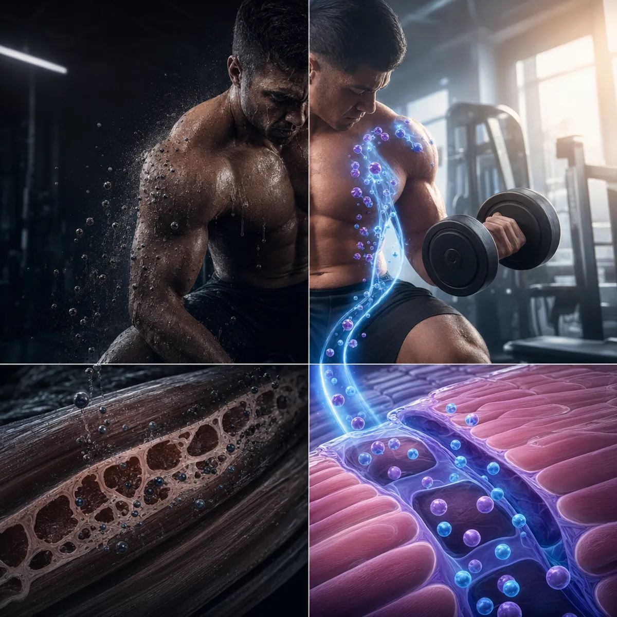 Athletic male figure in gym environment with visible magnesium depletion visualization - show sweat droplets containing mineral particles leaving the body during intense weightlifting exercise. Contrast this with cellular-level view showing magnesium ions being restored to muscle cells. Use a split-screen composition: left side shows depletion during training (darker, depleted), right side shows replenishment (brighter, restored). Modern scientific illustration style with blue and purple color scheme for magnesium ions, anatomical accuracy for muscle tissue cross-section.