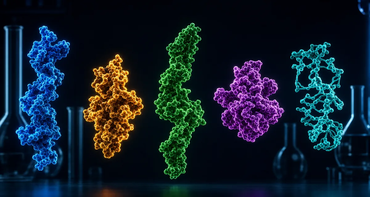 A scientific illustration showing five distinct molecular structures arranged side by side in a comparative layout, each glowing with a different color — blue, orange, green, purple, and teal. The molecules vary in shape and complexity, with some appearing elongated and chain-like while others are more compact and globular. Each structure floats against a deep dark background with subtle lab glassware silhouettes in the background. The overall aesthetic is clean, biomedical, and precise, evoking a pharmaceutical research setting. No text, no labels, no words, no letters.