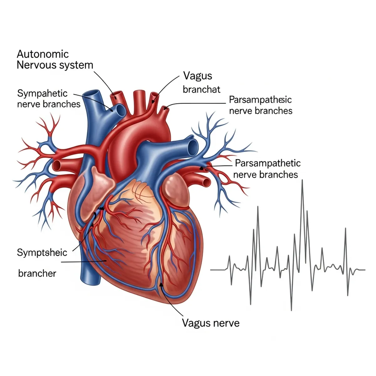 Medical illustration showing the autonomic nervous system's control of heart rhythm, featuring a detailed anatomical heart with the vagus nerve pathway highlighted, sympathetic and parasympathetic nerve branches in contrasting colors (red and blue), and visual representation of varying heartbeat intervals as a wave pattern showing beat-to-beat variation, clean scientific style, educational diagram