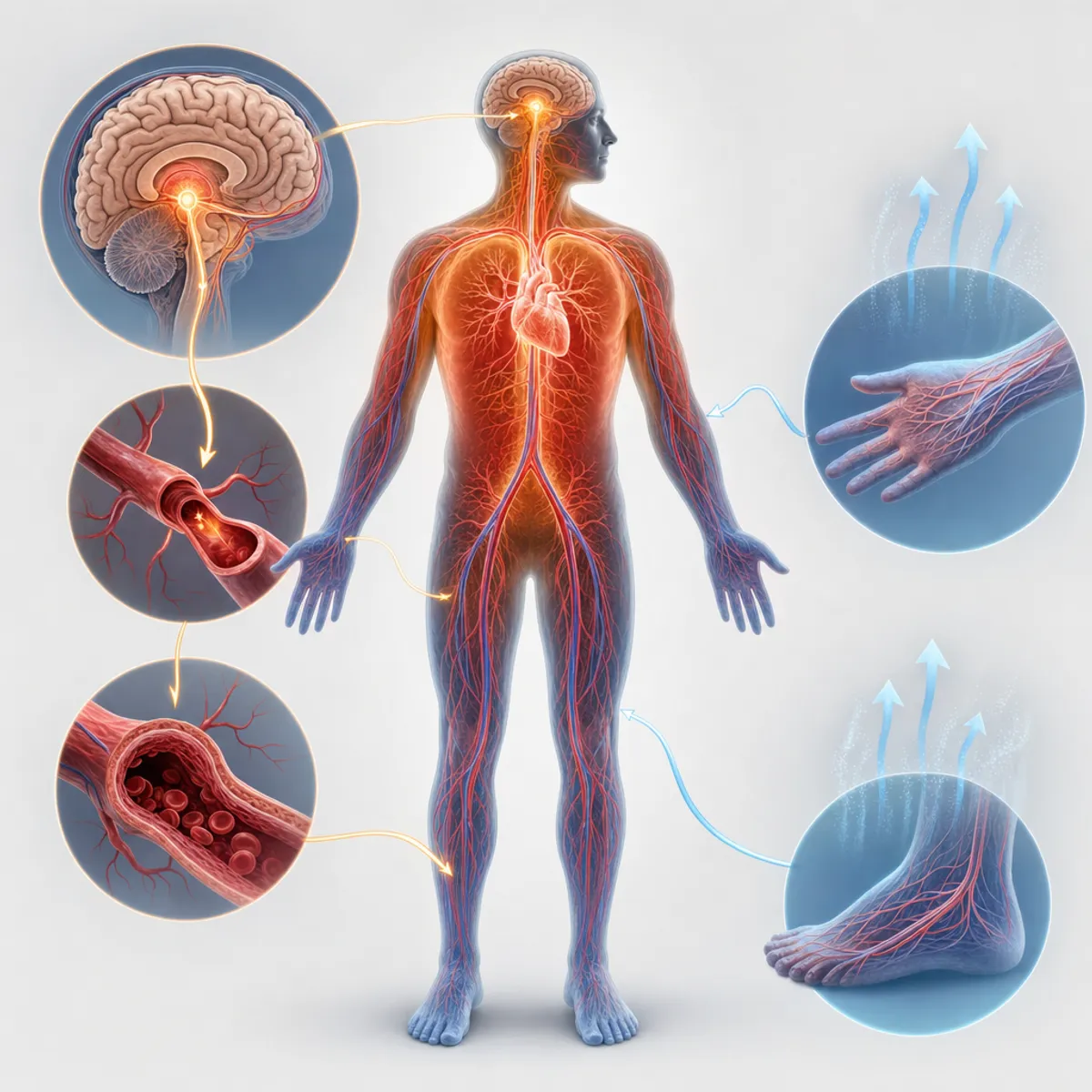 Scientific illustration showing peripheral vasodilation and thermoregulation process in the human body, with blood vessels expanding in hands and feet, heat dissipating from extremities, warm colors in the core transitioning to cool colors at the periphery, clean medical diagram style, anatomically accurate, showing the cooling pathway from hypothalamus to peripheral blood vessels