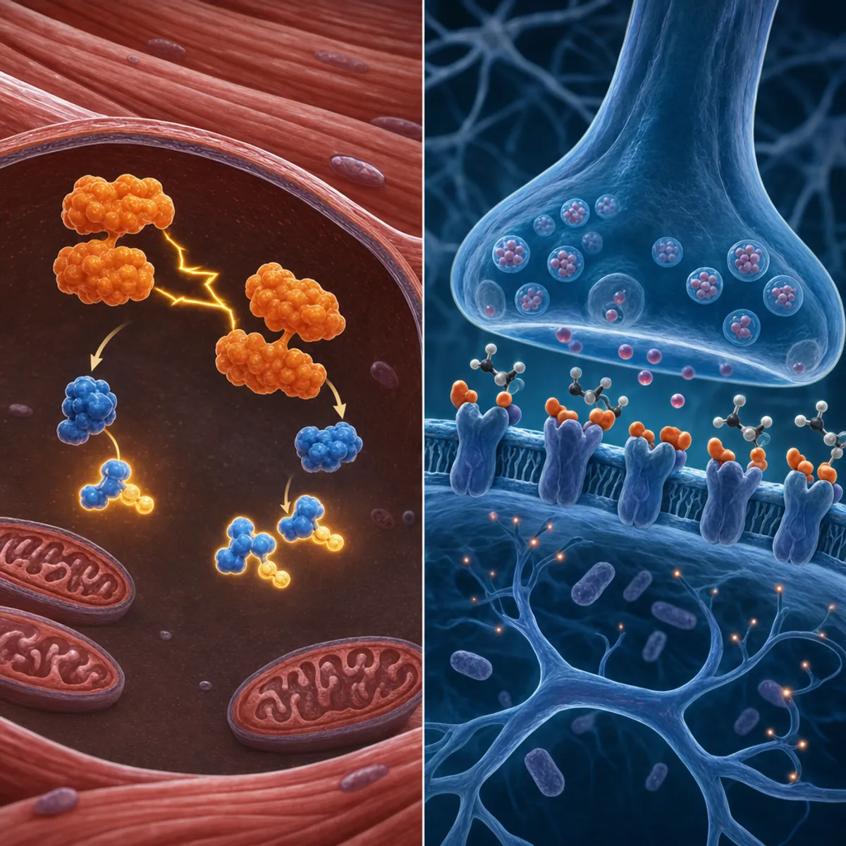 Scientific illustration showing two distinct cellular mechanisms side by side: left side depicts the phosphocreatine energy system with ATP molecules being regenerated in muscle tissue, right side shows adenosine receptors being blocked by caffeine molecules in neural synapses, clean medical illustration style, blue and orange color scheme, cross-section view of cells