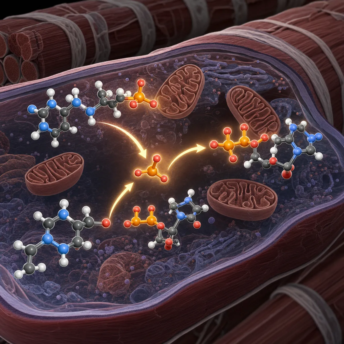 A detailed scientific illustration showing the creatine-ATP energy cycle in muscle cells: phosphocreatine molecule donating a phosphate group to ADP to regenerate ATP during high-intensity exercise, shown in a cross-section of muscle tissue with mitochondria visible. Clean medical diagram style with molecular structures, cellular detail, and energy transfer arrows. No text or labels.