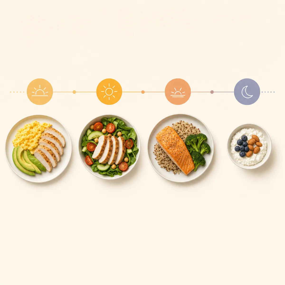 A clean, professional diagram showing four meals throughout a day from morning to evening. Display breakfast, lunch, dinner, and a snack arranged in a timeline format from left to right. Each meal should show a portion of protein-rich food on a simple plate or bowl. Use soft natural lighting, minimal background, overhead view, with clear visual separation between the four eating windows. No text, numbers, or labels - purely visual representation of meal distribution across the day.