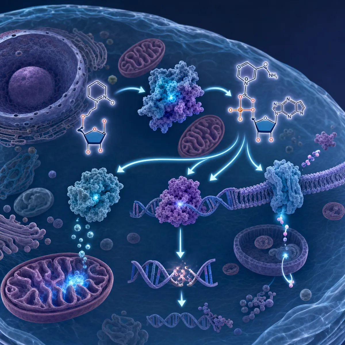 Scientific illustration of cellular NAD+ biosynthesis pathway showing nicotinamide mononucleotide (NMN) conversion process inside a human cell. Show a stylized cell with mitochondria, nucleus, and cellular structures. Illustrate the enzymatic conversion of NMN to NAD+ with molecular structures and arrows indicating pathway flow. Include visual representations of three key cellular consumers: sirtuins (depicted as protein structures), PARPs (shown interacting with DNA strands), and CD38 (as a membrane-bound enzyme). Use a clean, educational medical illustration style with blue and purple color palette, scientific accuracy, and clear directional flow showing how NAD+ fuels cellular energy metabolism and DNA repair processes.