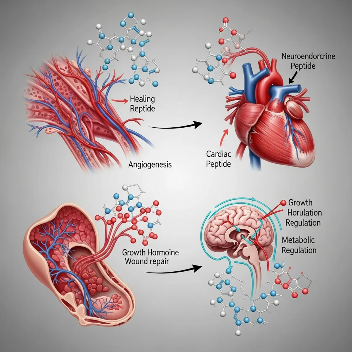 Scientific illustration showing four distinct peptide molecules with different structural representations, each connected to different biological systems in the human body: one peptide connected to healing tissue and blood vessels (angiogenesis), another to cardiac muscle and wound repair, a third to growth hormone pathways in the brain, and a fourth to metabolic regulation. Clean, modern medical illustration style with a neutral background, precise molecular structures, and anatomical accuracy.